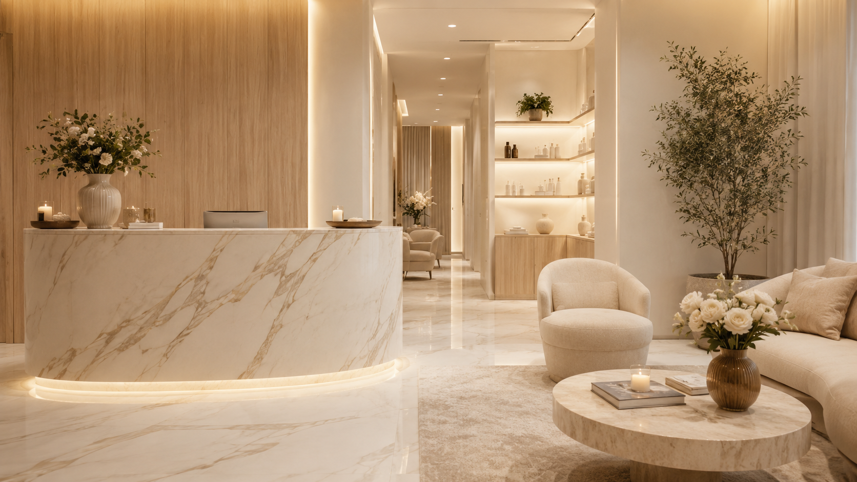 Recepcion de clinica estetica boutique con diseno calido y premium.