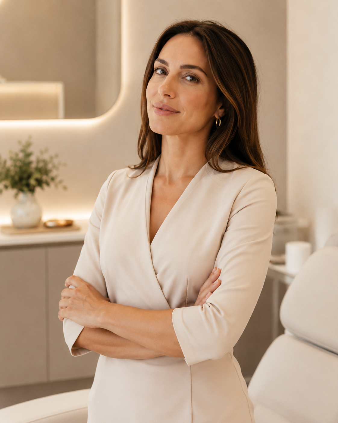 Profesional de estetica con presencia calida y confiable.
