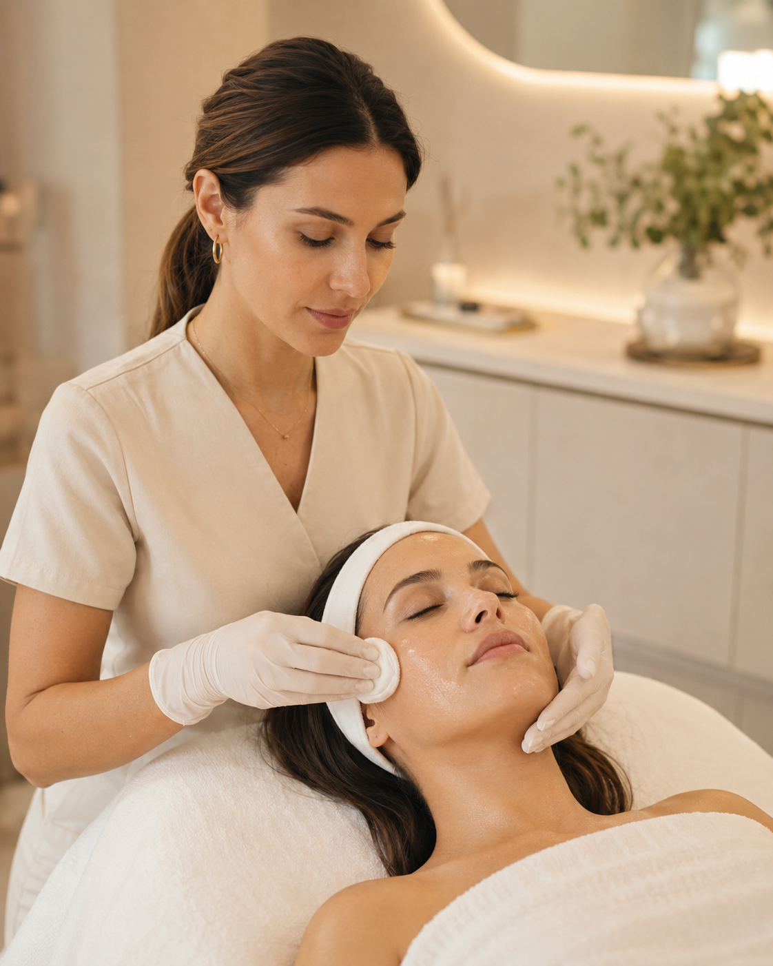 Tratamiento de limpieza facial profunda en un entorno clinico elegante.