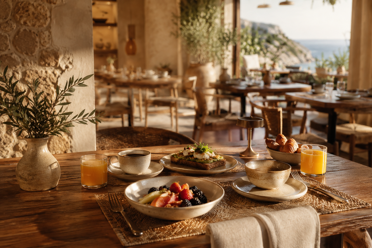 Desayuno premium servido en el hotel boutique.